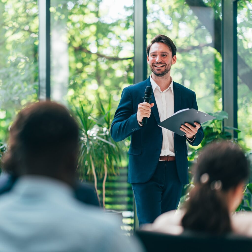 Businessman giving a public speech